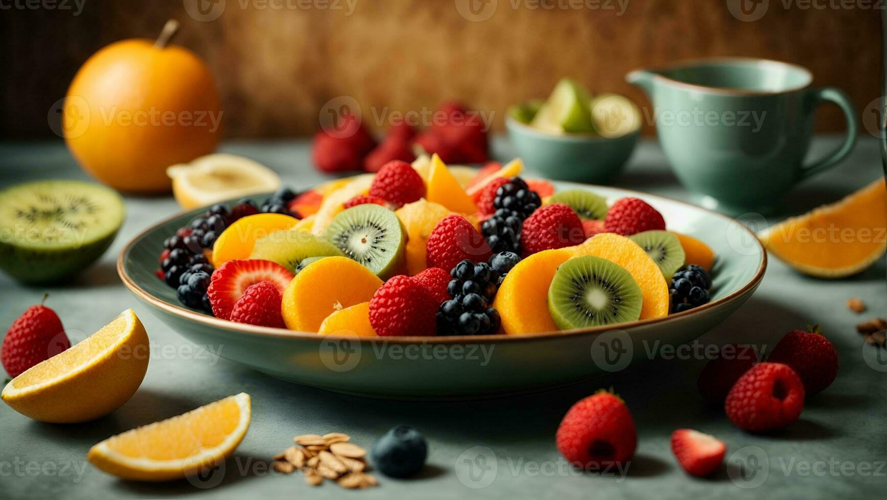 plato de rebanado Fresco fruta. ai generado foto