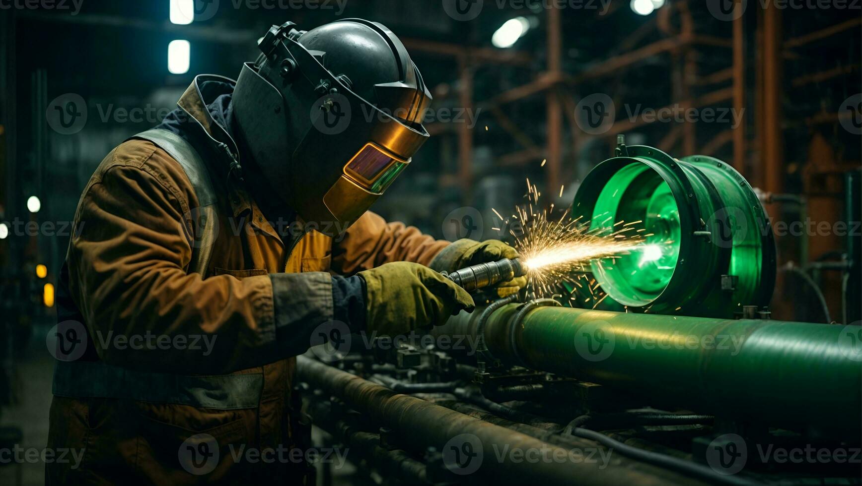 industrial digital visualización, pesado industria soldador laboral, soldadura dentro tubo. construcción de nlg natural gas y combustibles transporte tubería. ai generado foto