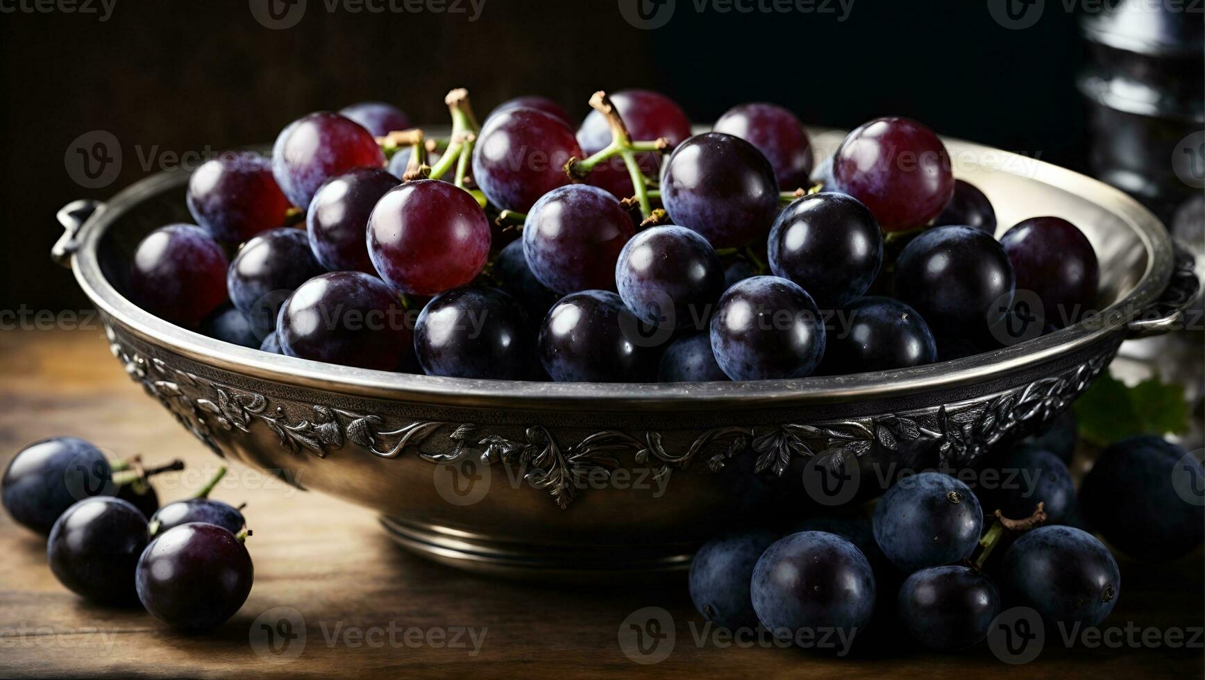 Black Concorde Grapes Are Served in an Antique Silver Bowl. Ai Generated photo