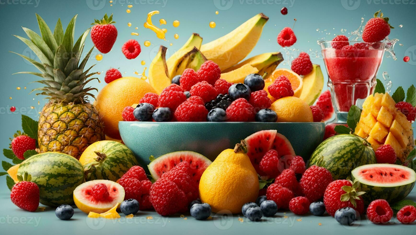 Sweet tropical fruits and mixed berries. Splash of juice. Watermelon, banana, pineapple, strawberry, orange, mango, blueberry, cherry, raspberry, papaya. 3d vector realistic set. Ai Generated photo