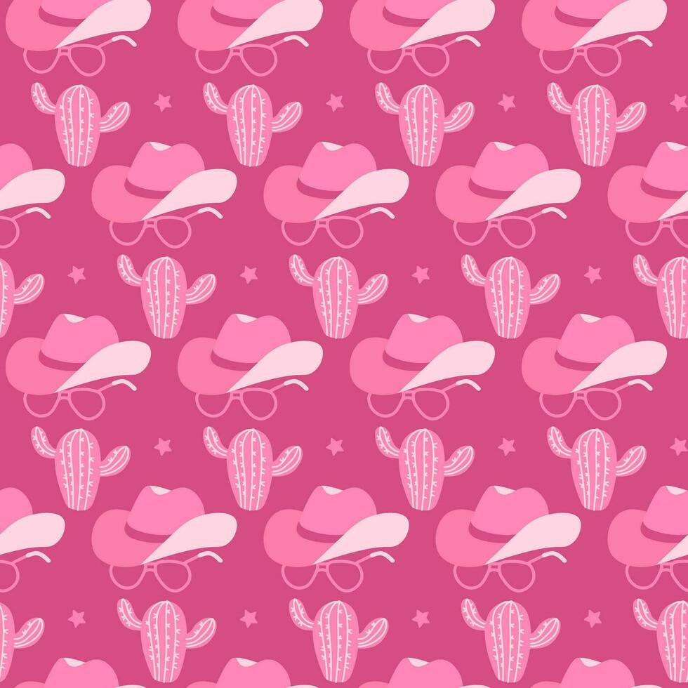 Seamless pattern with 60s pink girlish wild west. Cowgirl elements repeating on a pink background. Cowboy hat, vintage sunglasses, cactus. Flat vector hand drawn wallpaper