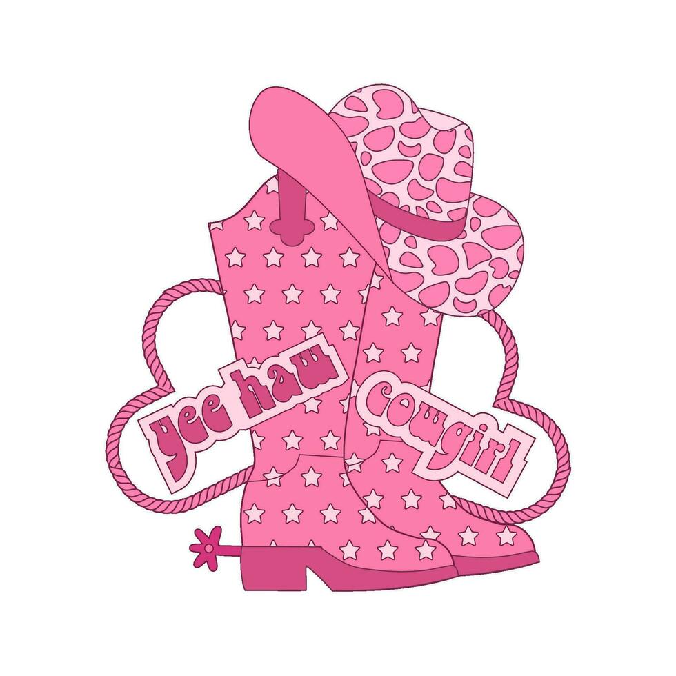Vintage isolated concept with Cowgirl boots pair with hat. Pink Cowboy western and wild west theme. Vector hand drawn 60s style design for postcard, t-shirt, sticker etc.