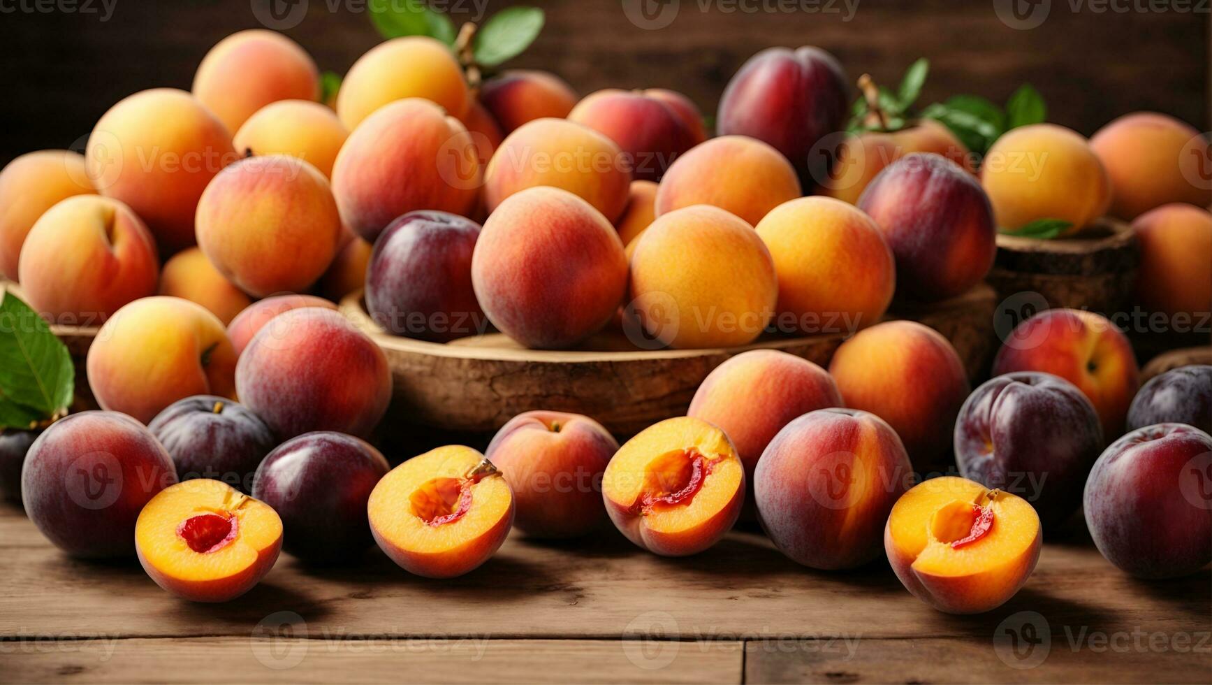 Fresh fruits. Apricot, peach, plums, nectarines. On a wooden background