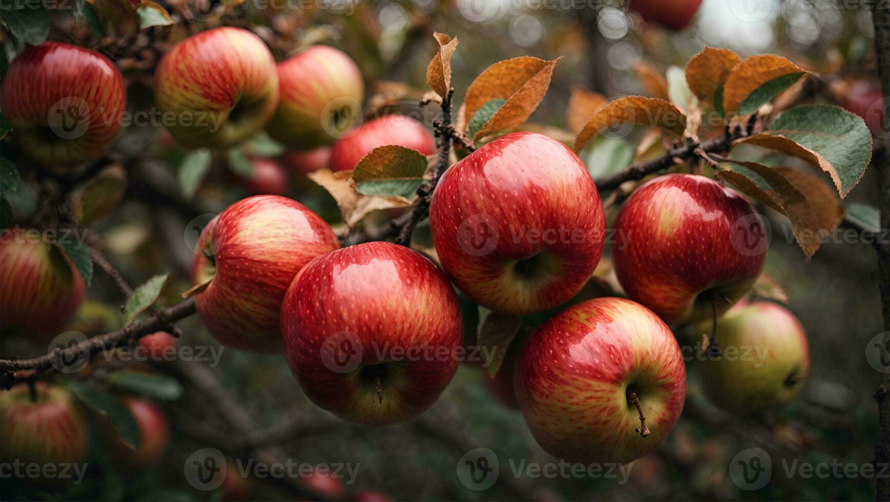 Red apples on apple fruit tree branches. Ai Generated photo