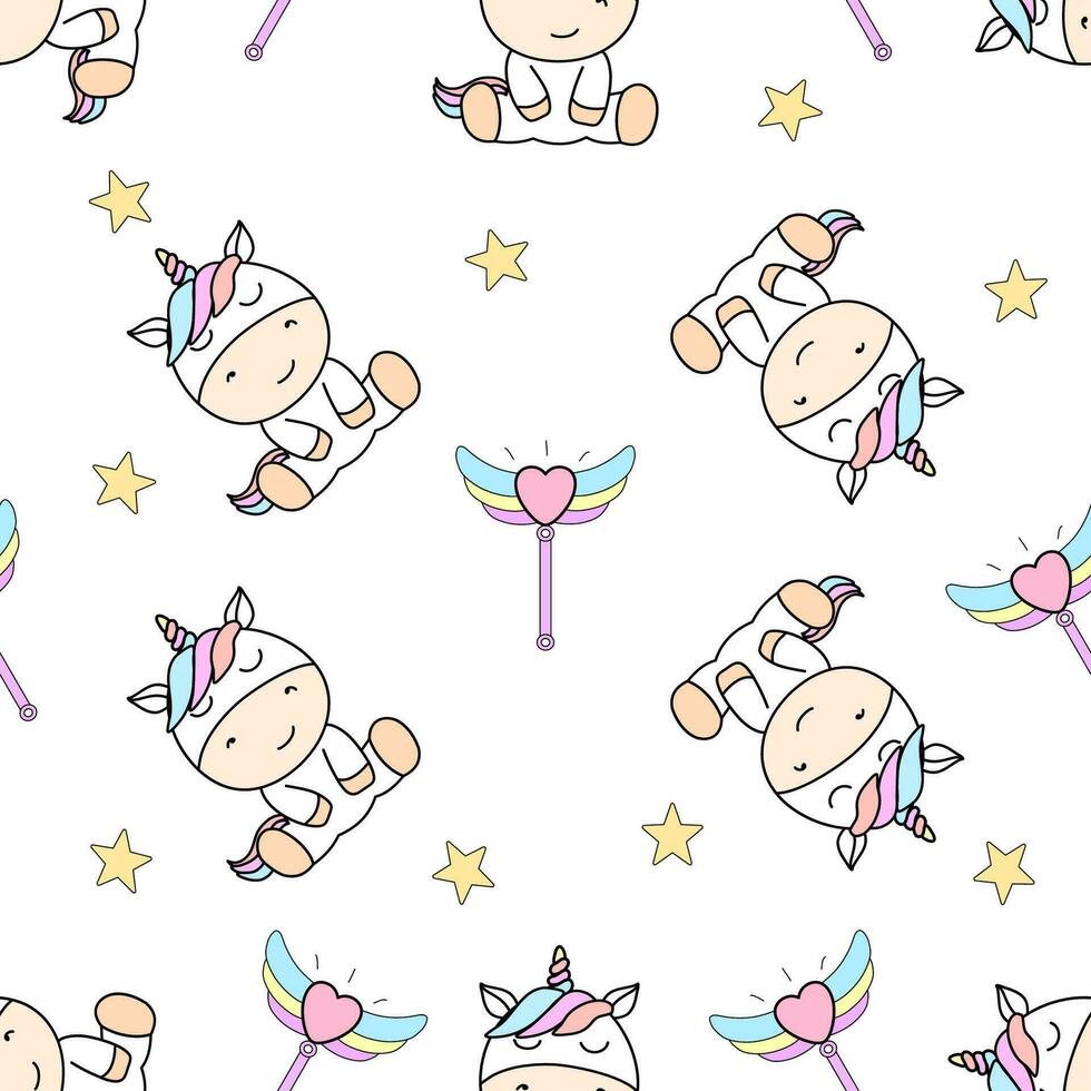 linda dibujos animados unicornio sin costura patrón, decorativo elemento en blanco antecedentes. estilo para niños bebé tela diseño, fondo de pantalla, regalo envase papel vector