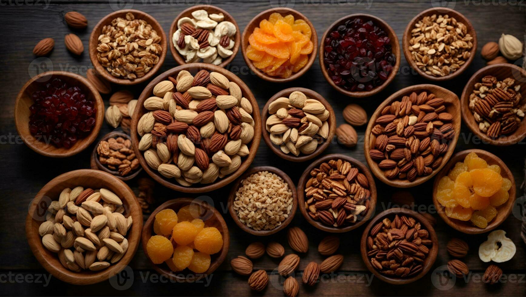 assorted nuts and dried fruit background. organic food in wooden bowls, top view.. Ai Generated photo