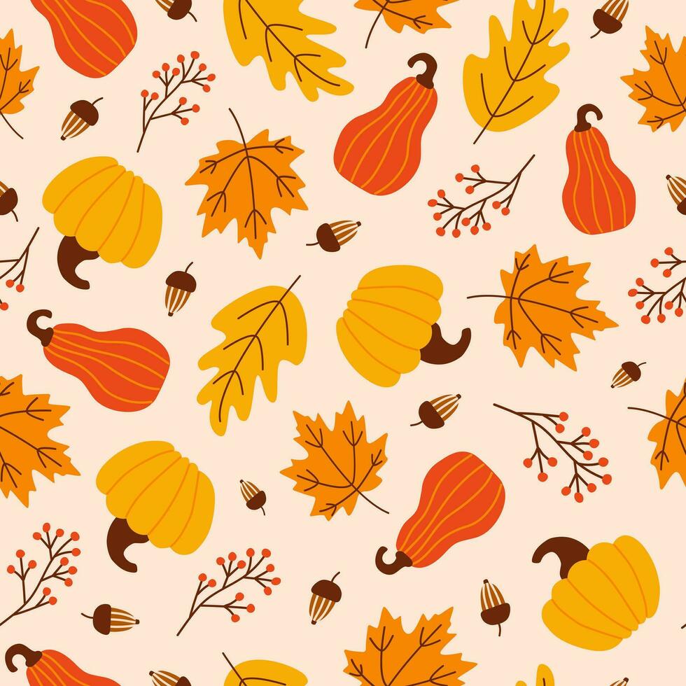 Colorful seamless pattern of autumn pumpkins, seasonal leaves and acorns. Ripe juicy pumpkins and falling leaves. Vector illustration