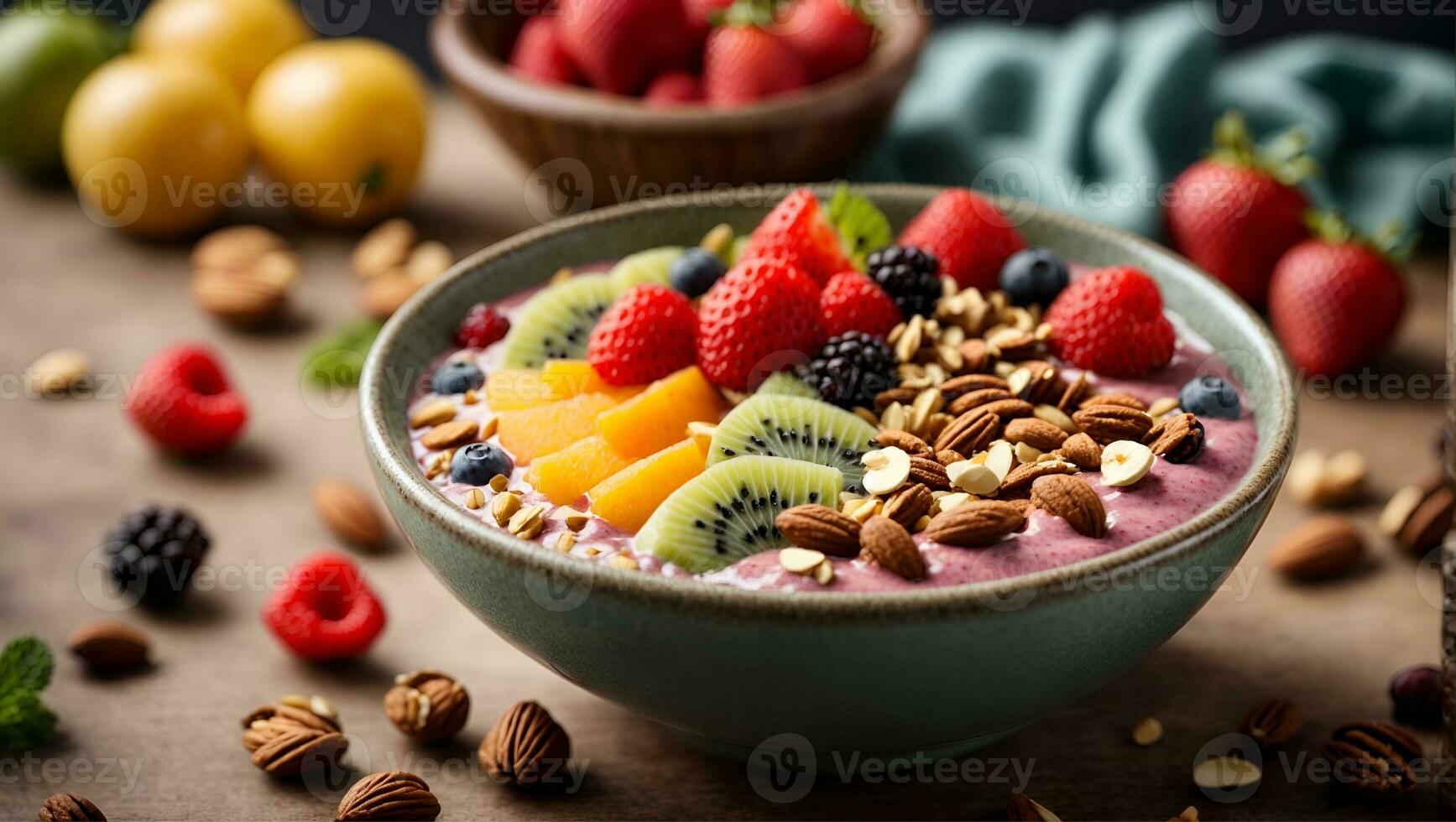 smoothie bowl topped with fruit and nuts for a healthy, satisfying breakfast. Ai Generated photo