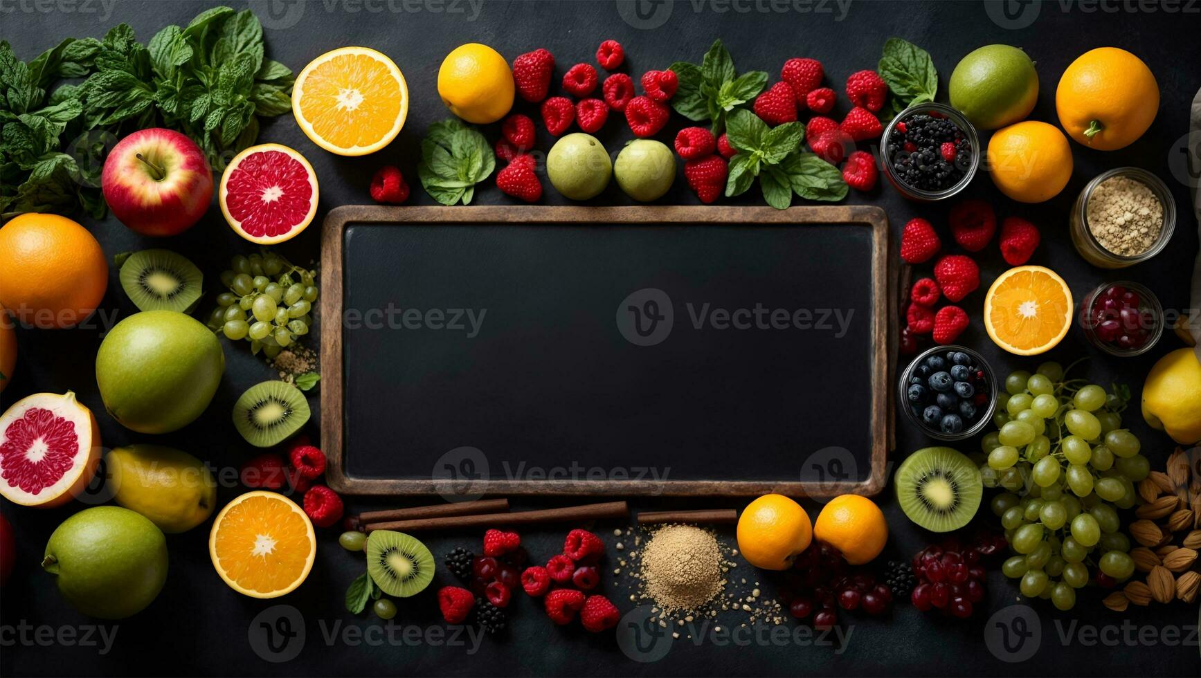 Food ingredients for blending smoothie or juice on painted glass over black chalkboard. Top view with copy space. Organic fruits, vegetables. Ai Generated photo