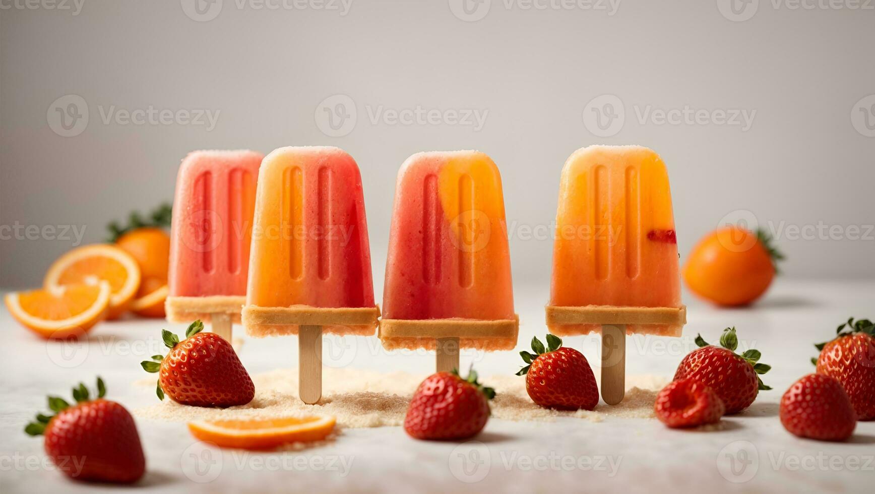 Orange and strawberry popsicles isolated on white background.. Ai Generated photo