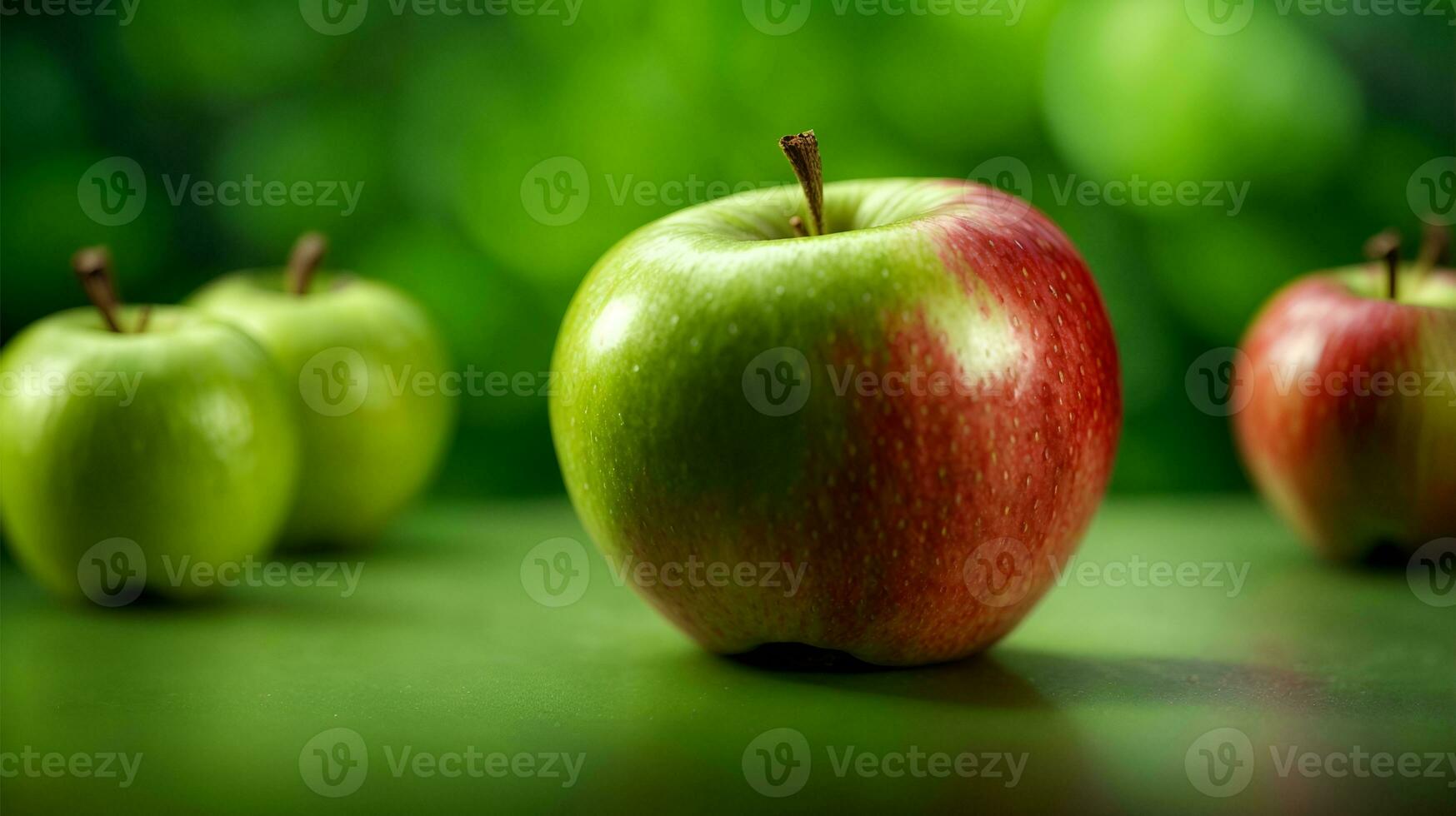 Fresh apple with green background, banner. Ai Generated photo