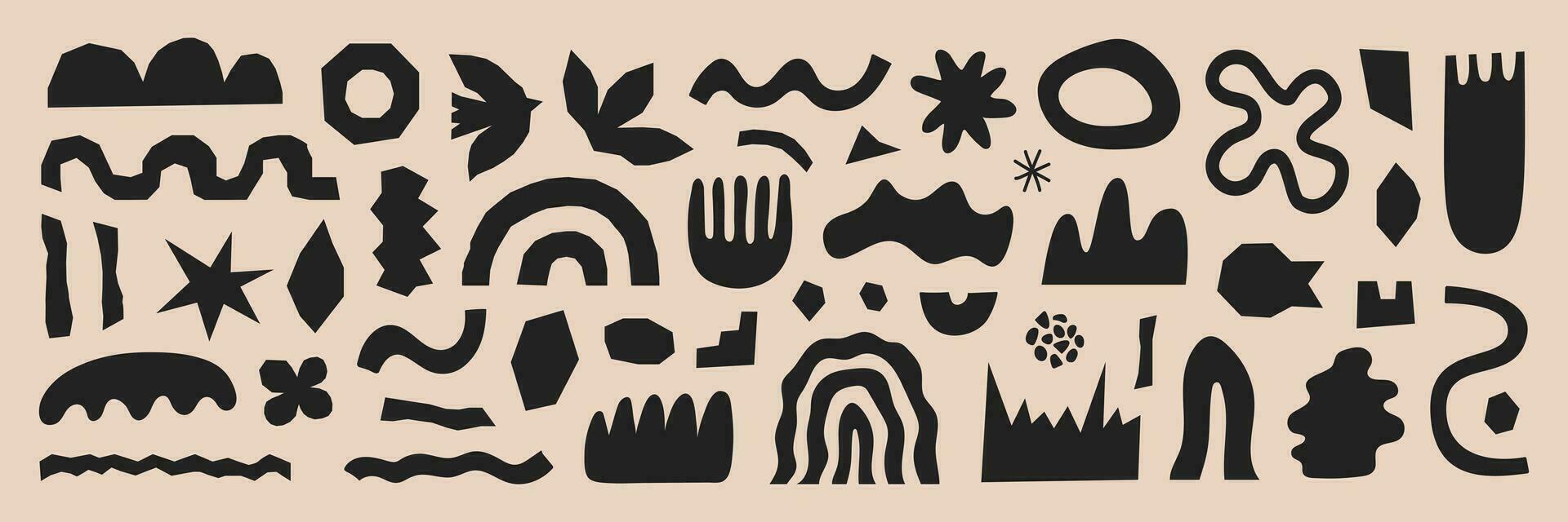 Abstract organic shapes with black geometric cutting doodles. Trendy random shapes. Vector illustration