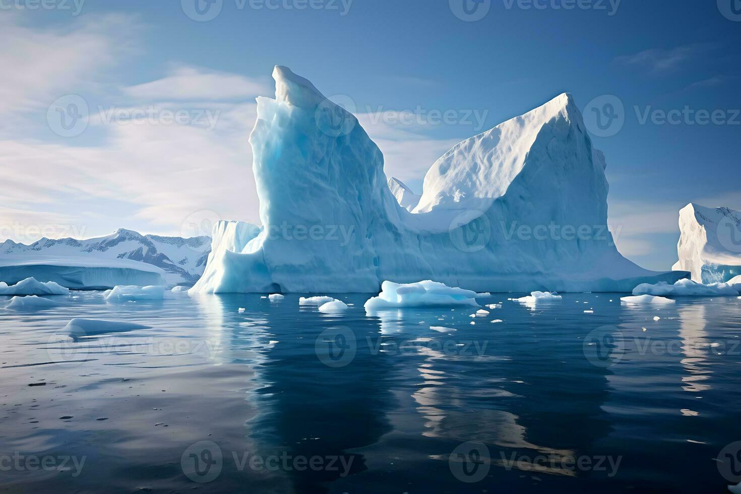 hermosa paisaje con grande icebergs en el medio de el mar foto