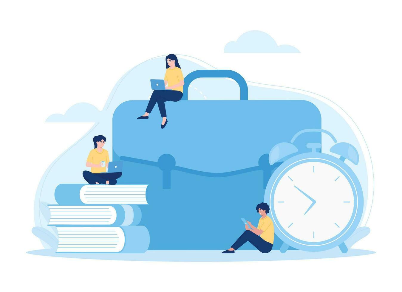 Deadline, busy business people with laptops hurry up to complete tasks at huge clock concept flat illustration vector