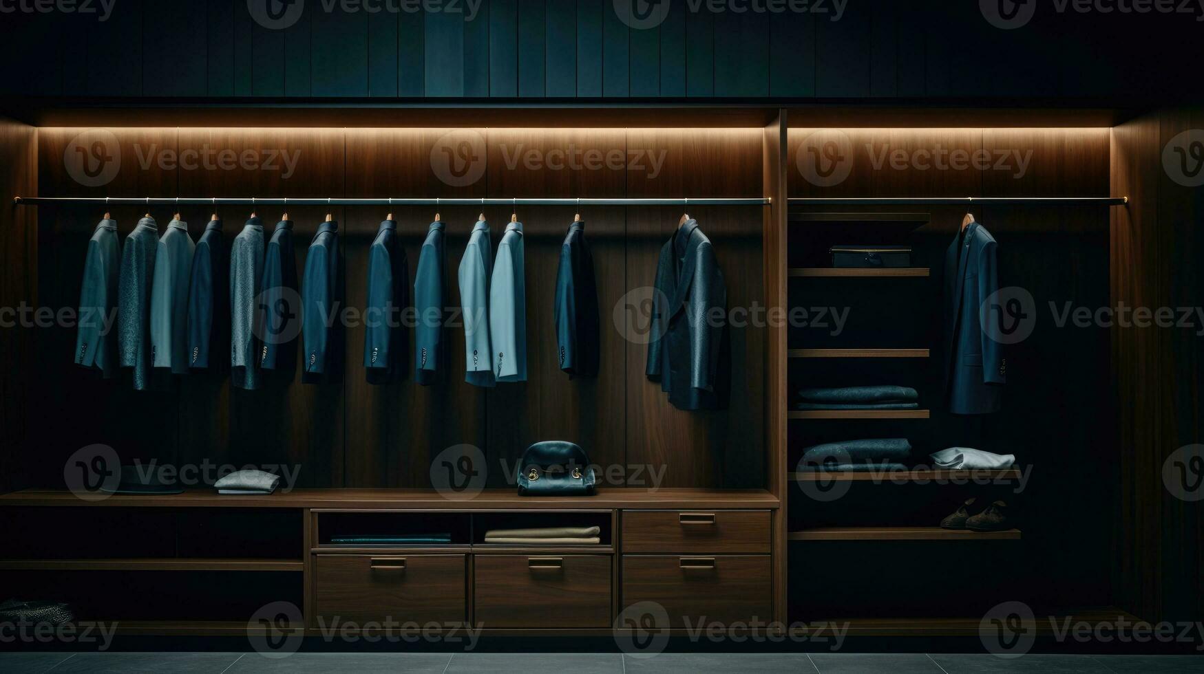 Modern dressing room for men. Modern wardrobe with stylish clothes photo