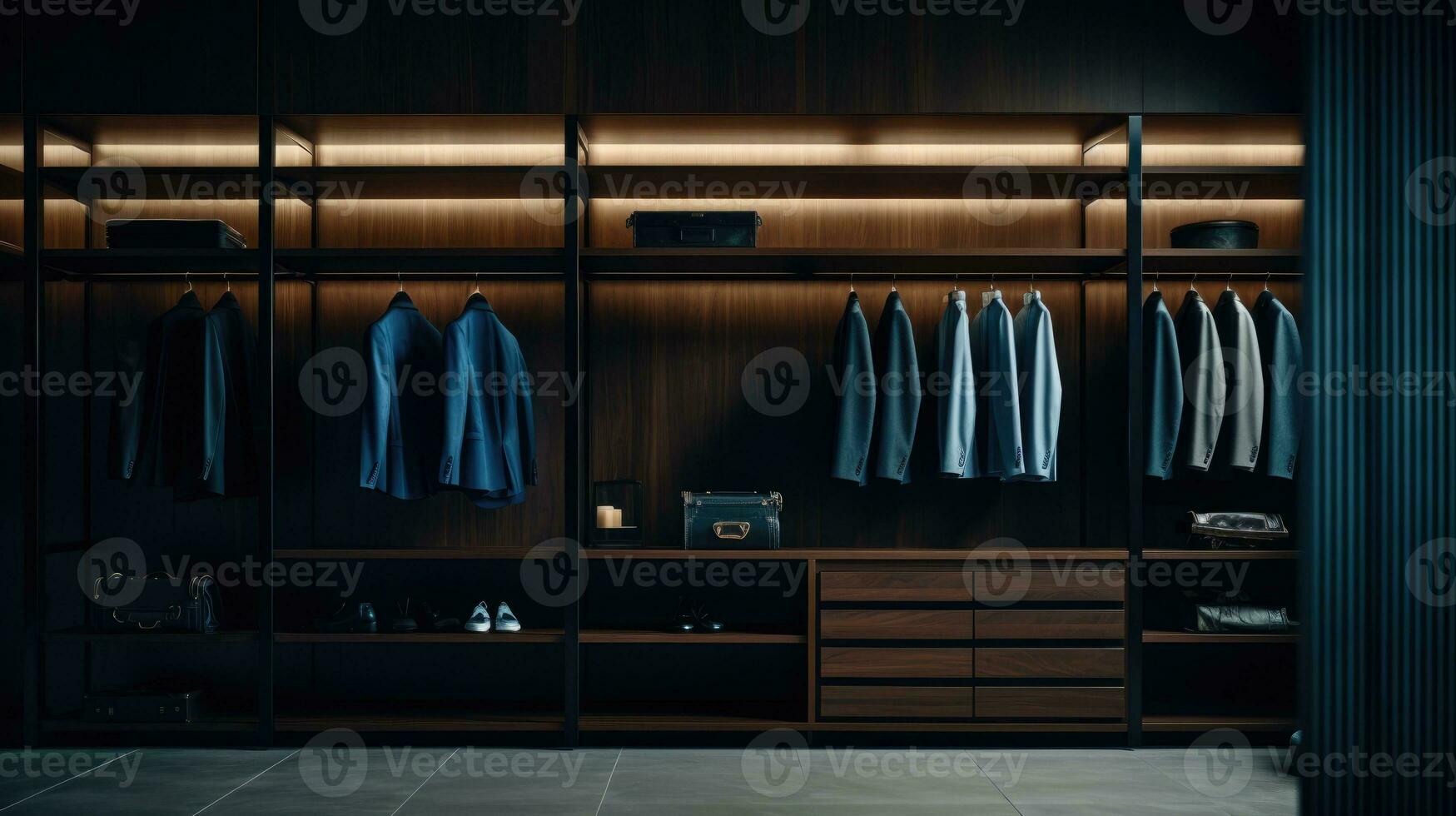 Modern dressing room for men. Modern wardrobe with stylish clothes photo