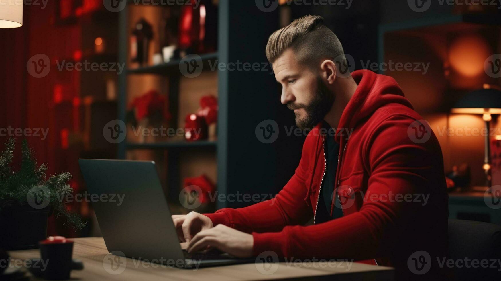 Attractive man shopping online for Christmas gifts. Festive atmosphere. photo