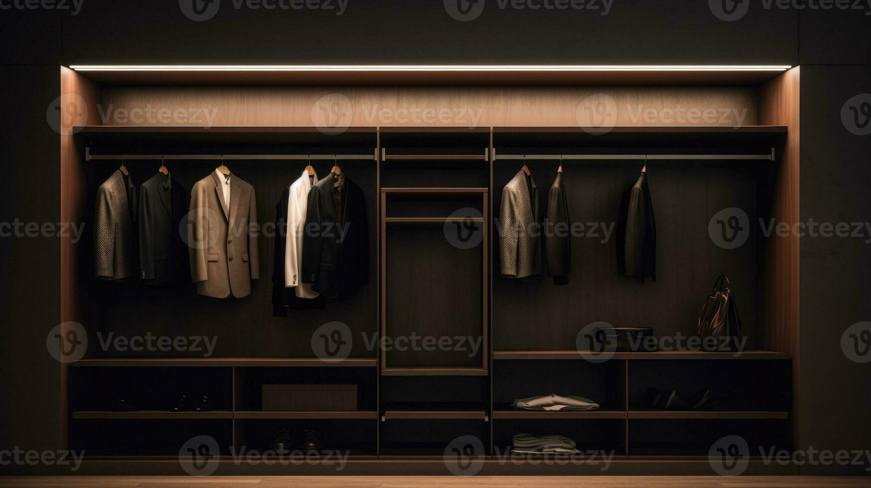 Modern dressing room for men. Modern wardrobe with stylish clothes photo