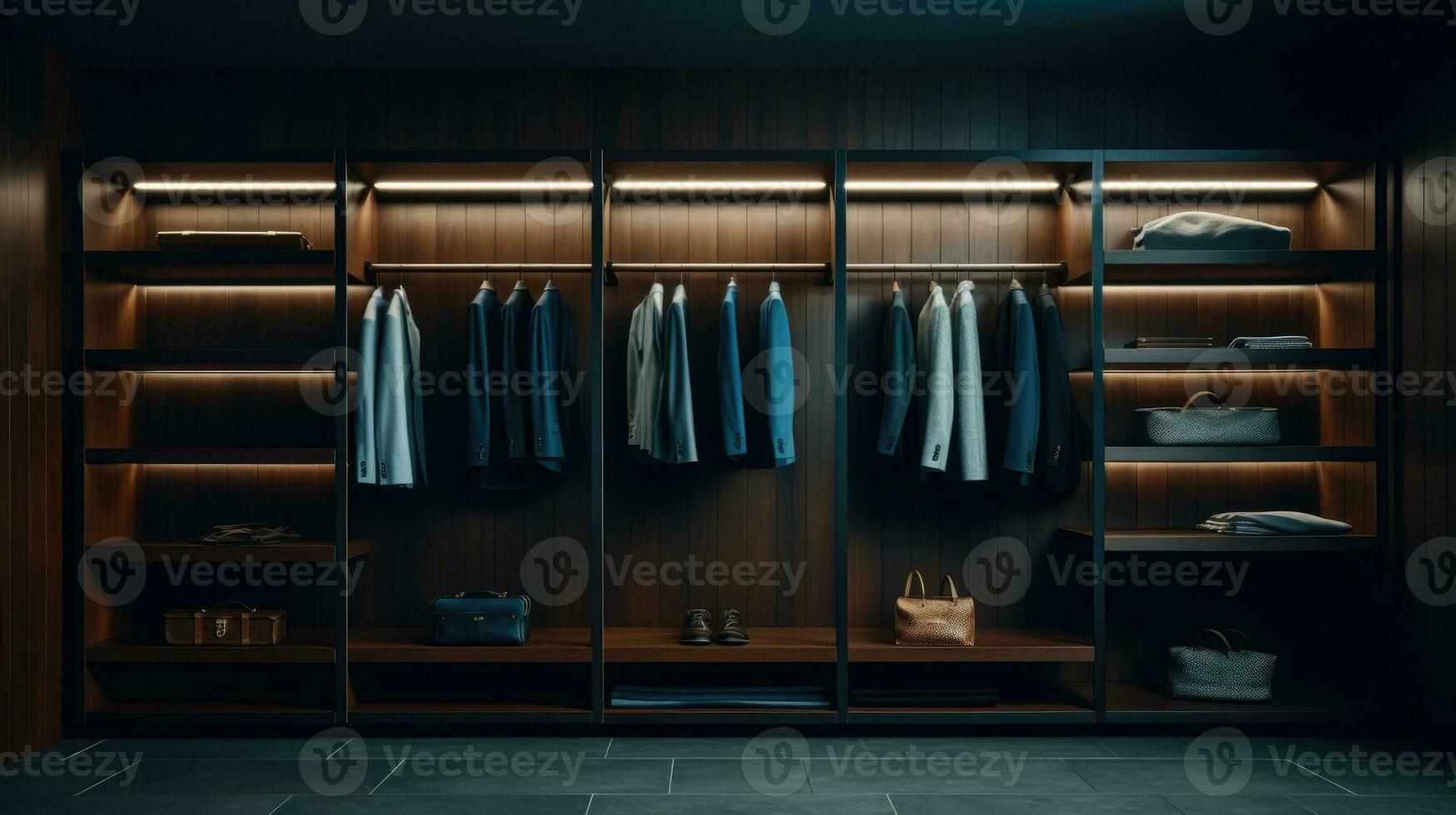 Modern dressing room for men. Modern wardrobe with stylish clothes photo