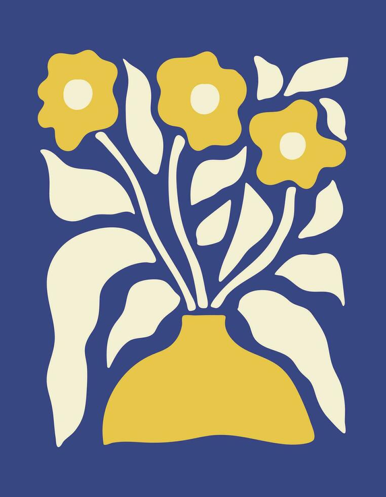 Abstract botanical poster with various blossom groovy flowers on a blue background. Naive art decor. Trendy hand drawn vector illustration