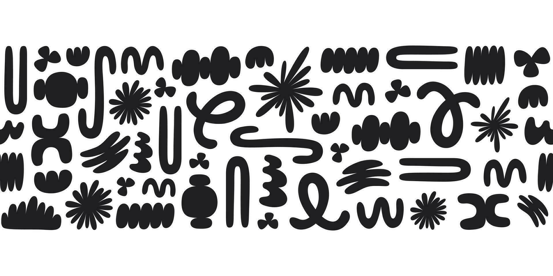 Horizontal border with black organic shapes isolated on white background. Trendy abstract seamless background. Vector illustration