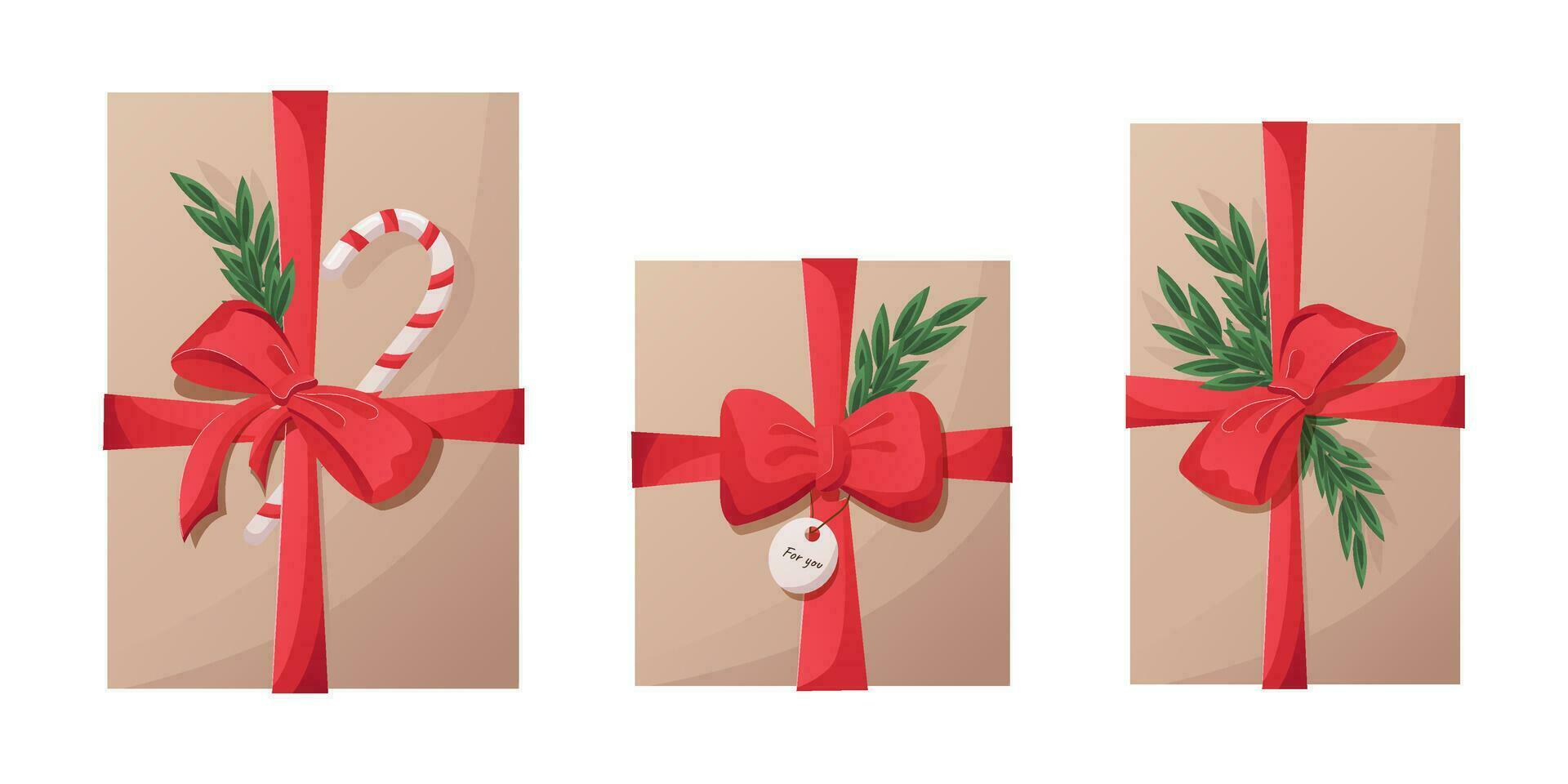 set of christmas gifts. craft paper boxes with Christmas tree branches and ribbon vector