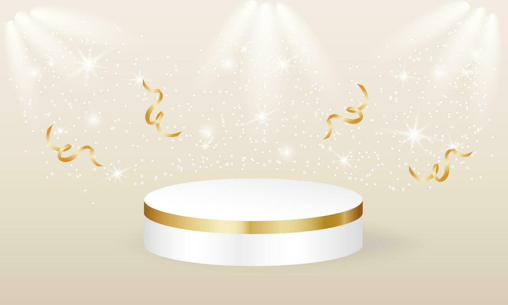 Abstract 3D room with realistic cylindrical podium. Minimal scene for product display and winter sales. Vector geometric platform with golden confetti.