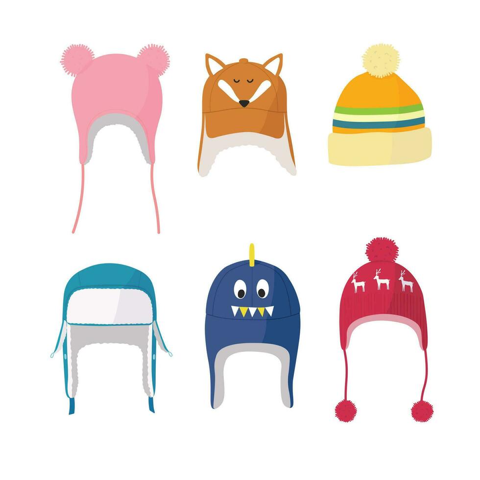 Set of kid winter hats colored illustration vector isolated on white background. Winter accessories for kids.