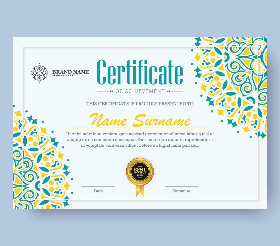 Colorful mandala award certificate template vector
