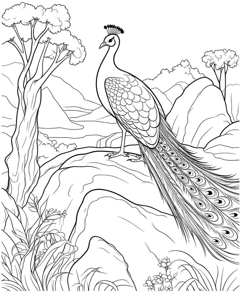 peafowl coloring page for adults vector