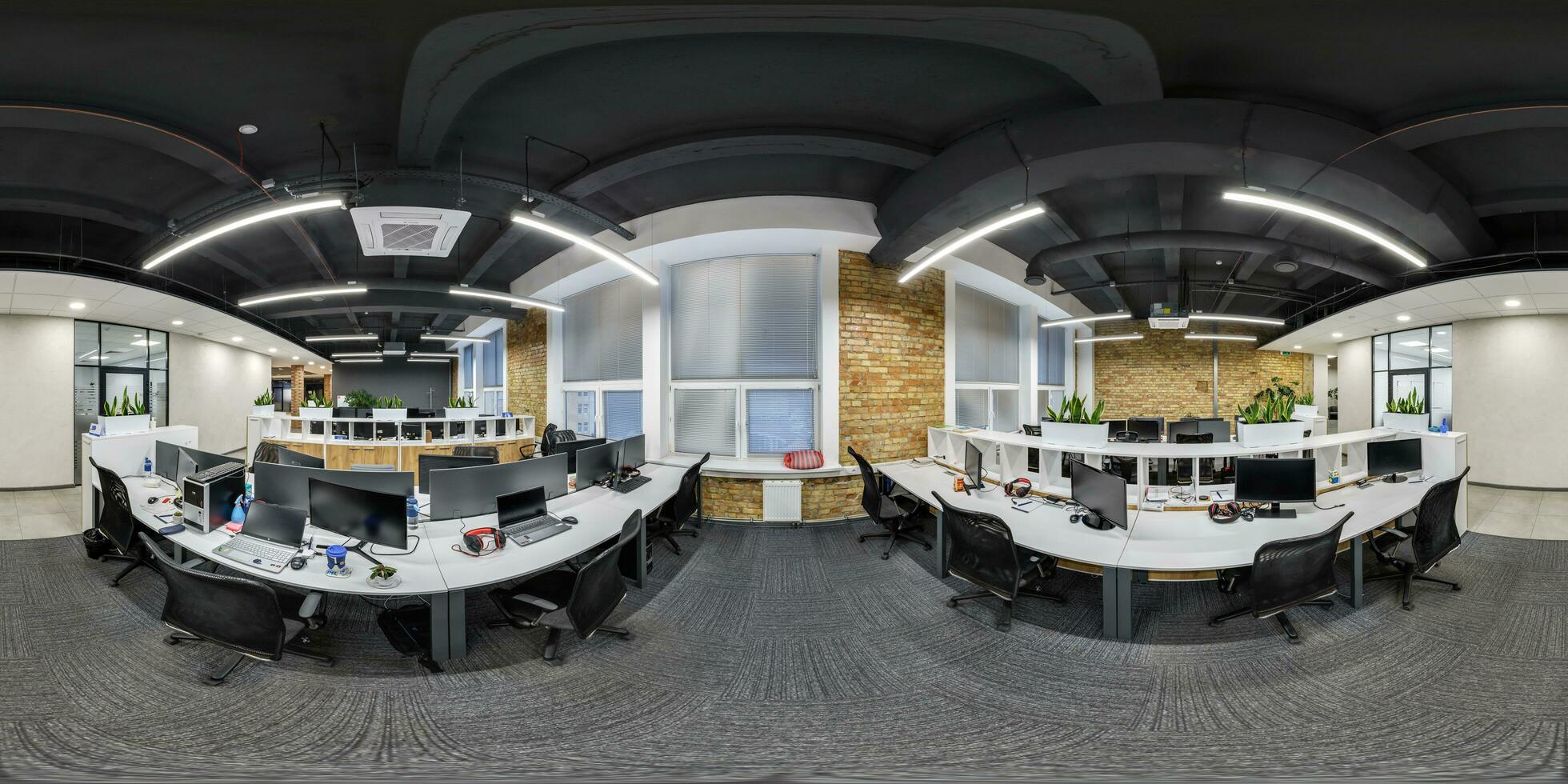 full seamless spherical hdri 360 panorama in interior work room in modern coworking office in equirectangular projection. VR content photo