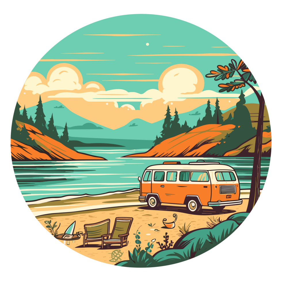 Ai generated orange camper van in the woods with trees and pine trees png