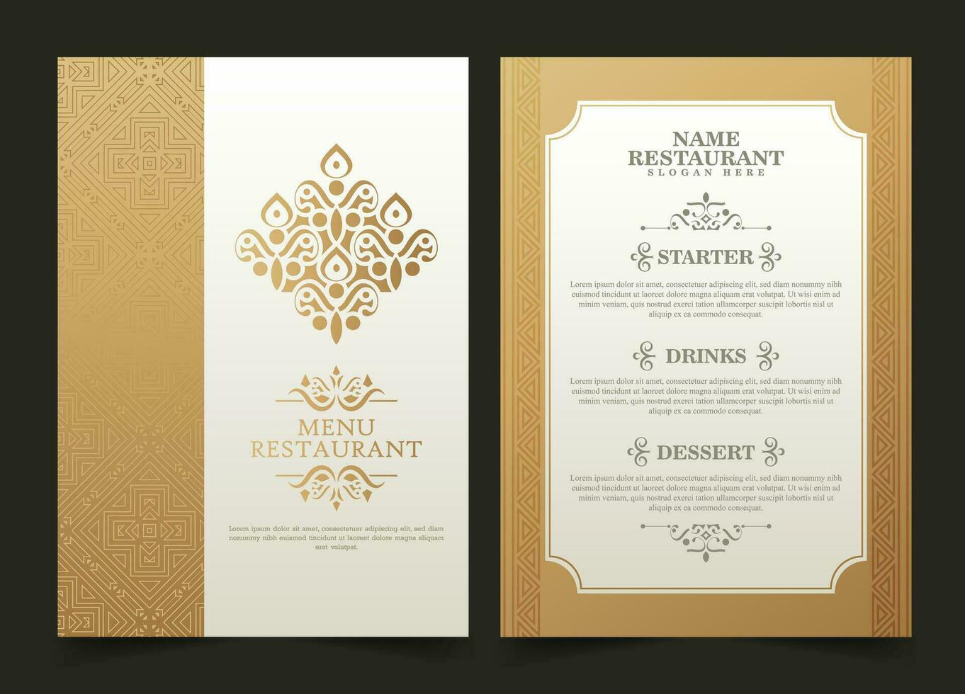 Menú de restaurante dorado con elegante estilo ornamental. vector