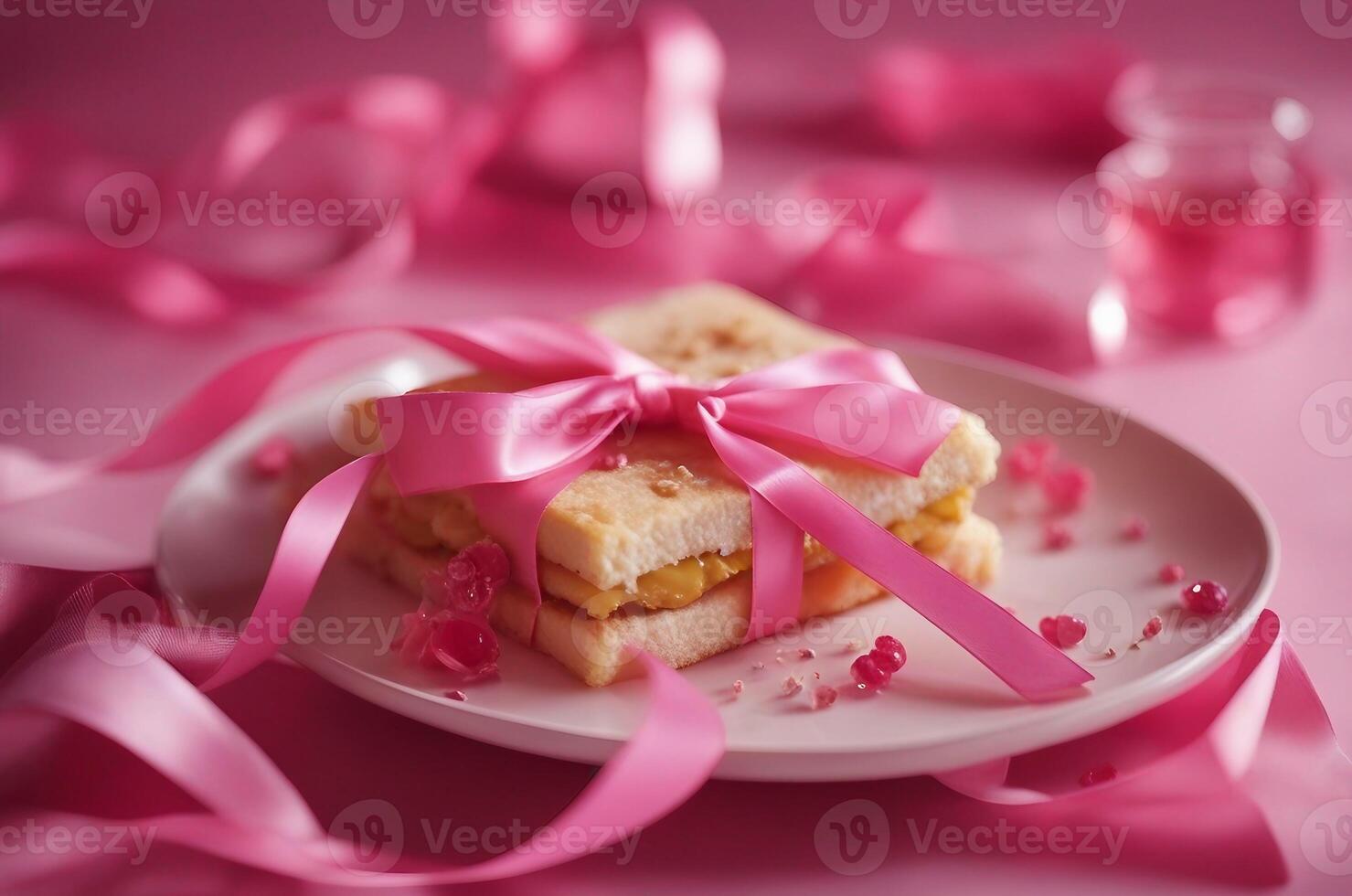 Peanut butter and bread image generated by ai. Sandwich with butter and pink ribbon. photo