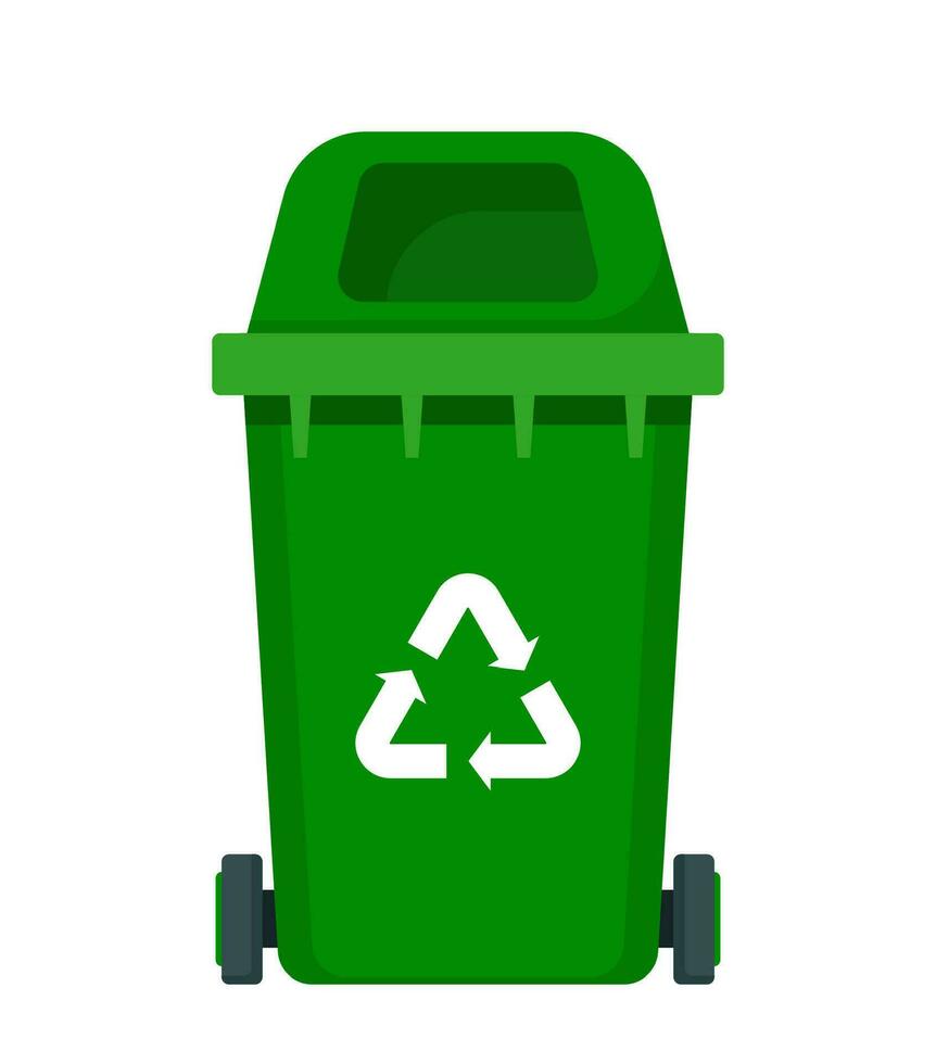 Big green recycle garbage can with recycling symbol on it. Trash bin in cartoon style. Recycling trash can. Vector illustration.