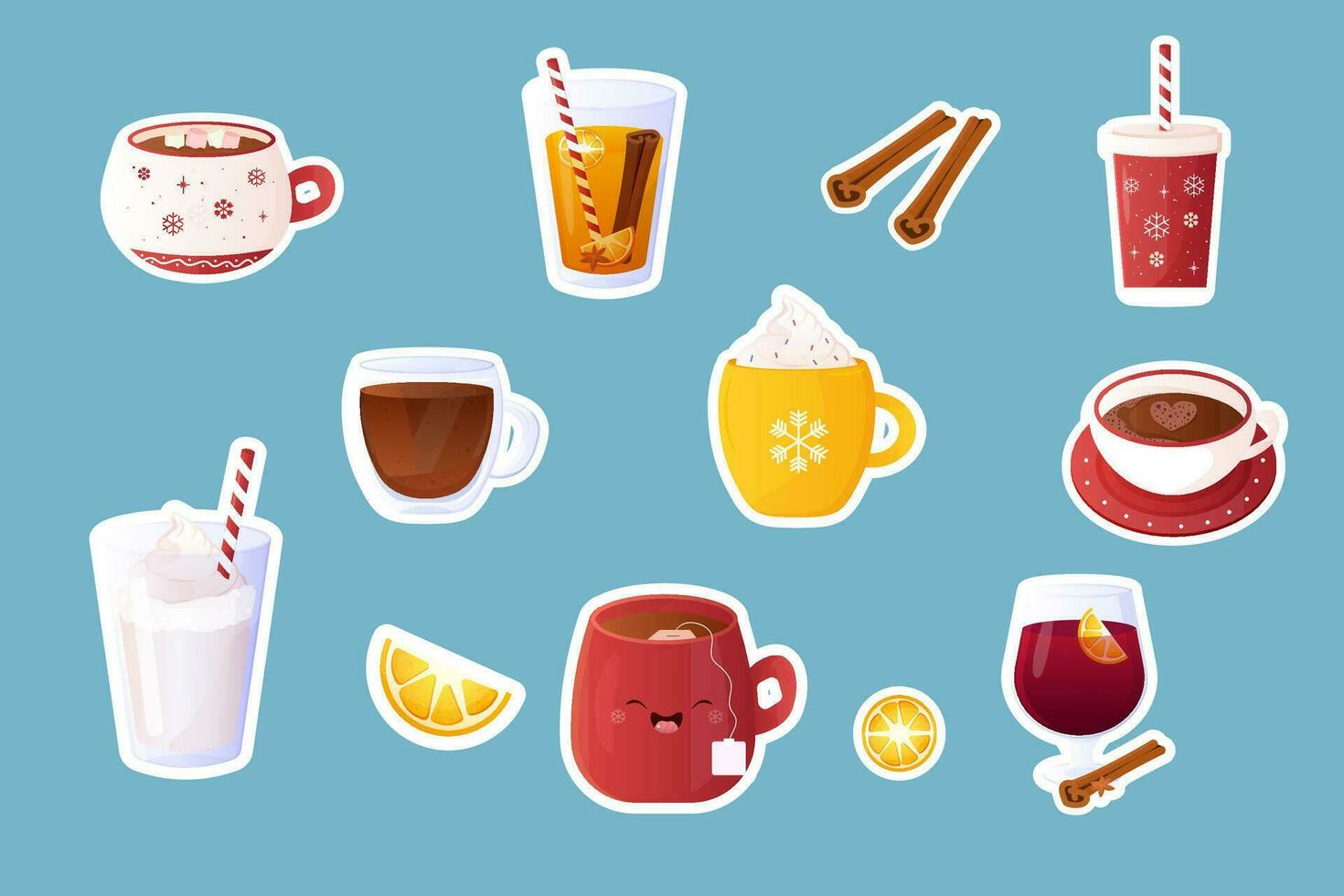 stickers winter hot, cosy drinks. Set of objects vector