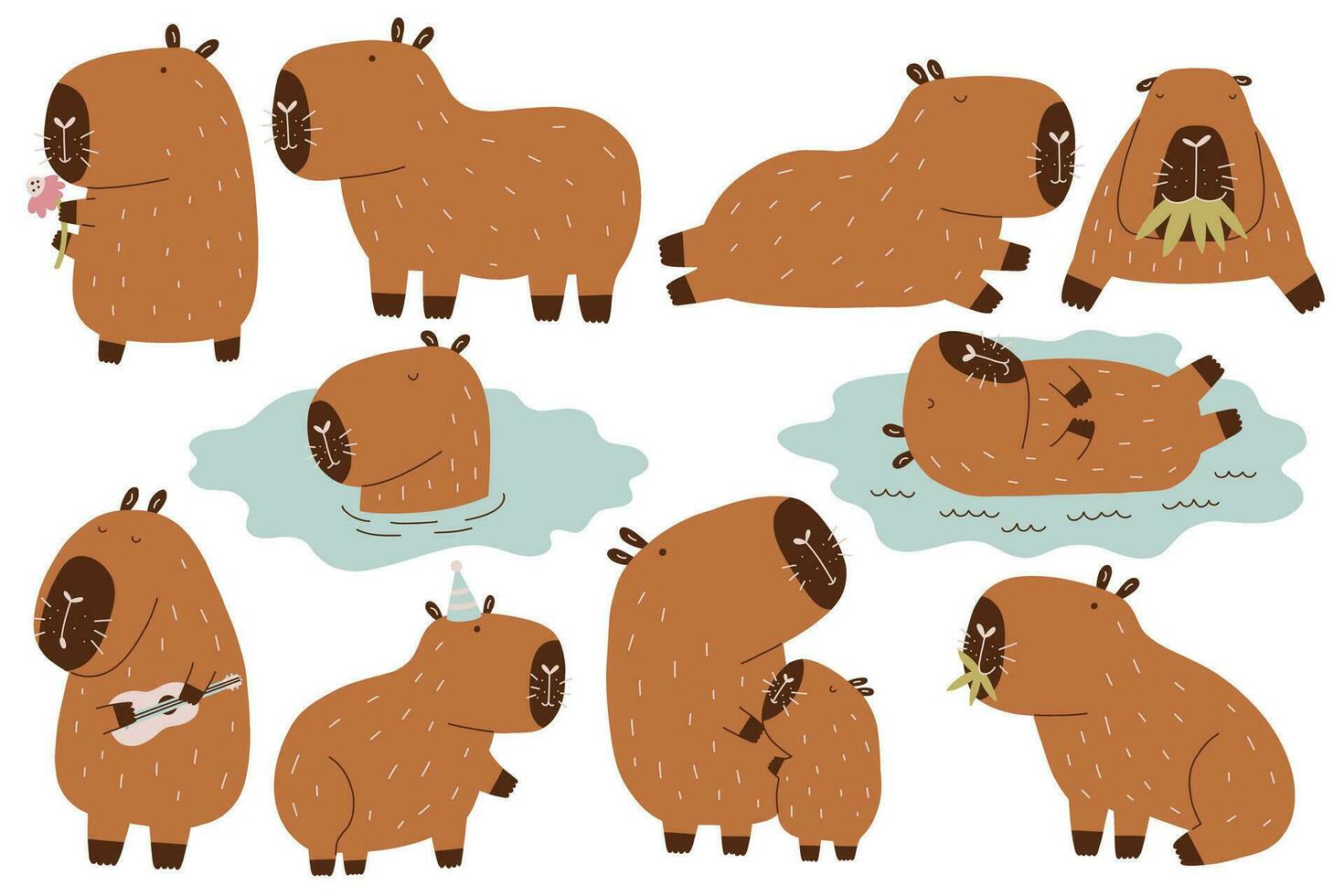 Set Capybara Cute Water Animal vector