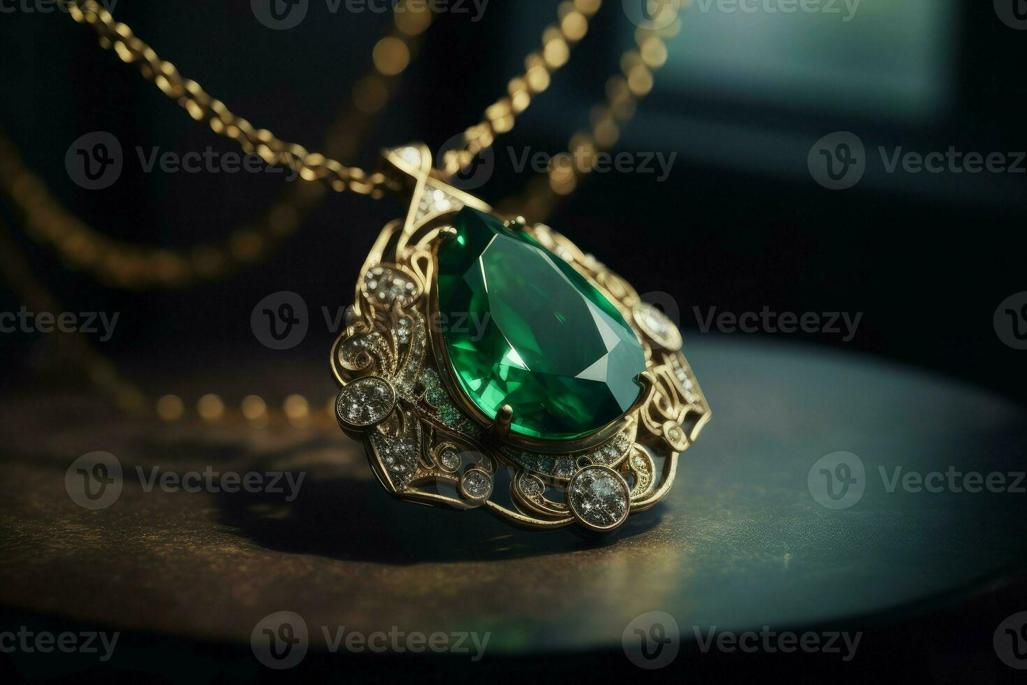 Emerald golden necklace gem. Generate Ai photo