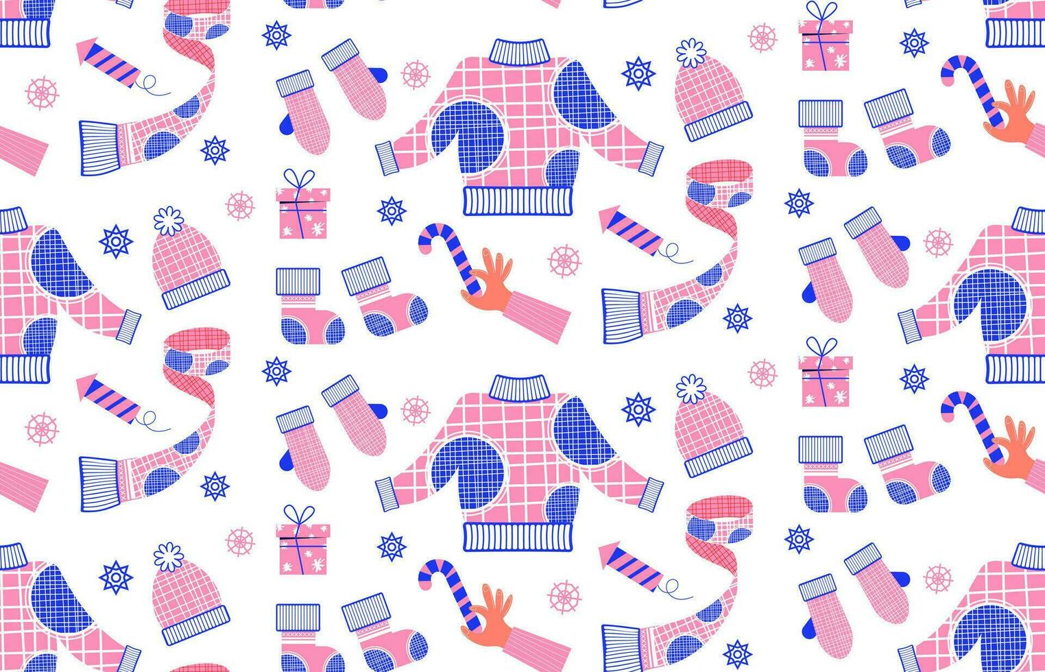 New Year pattern from winter clothes in flat style. Vector background with Christmas elements. For printing on packaging paper, fabric.