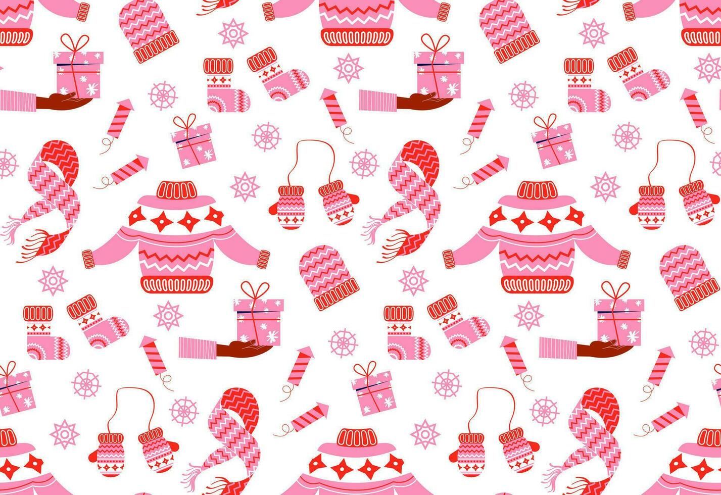New Year pattern from winter clothes in flat style. Vector background with Christmas elements. For printing on packaging paper, fabric.