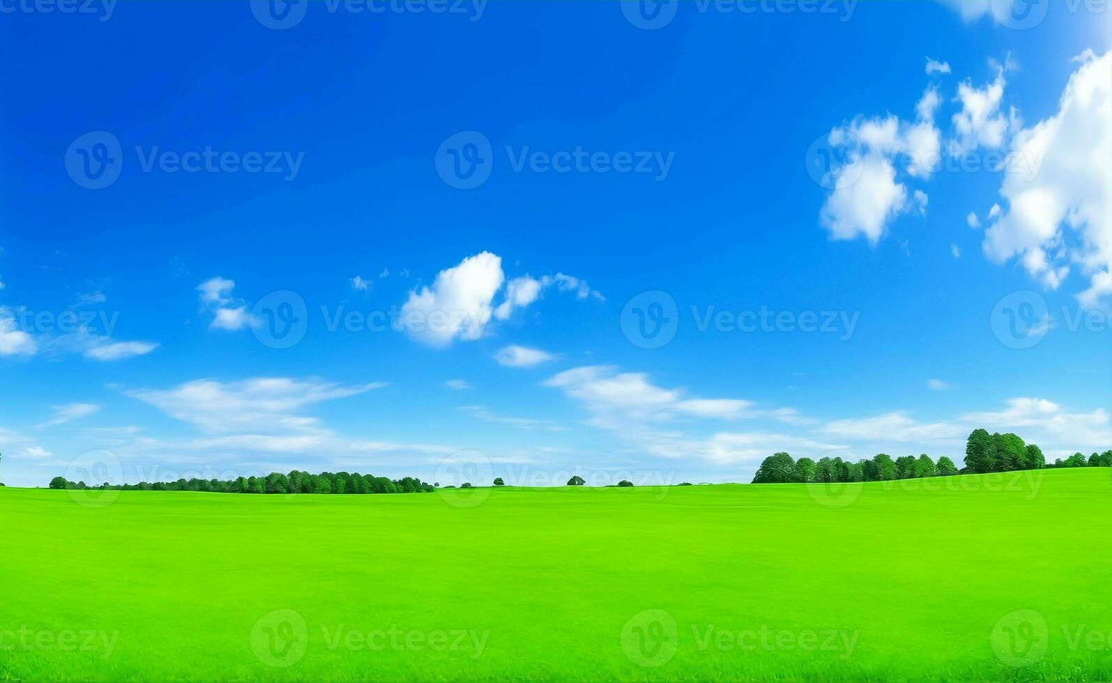 Green meadow and blue sky, Generative AI Illustration. photo