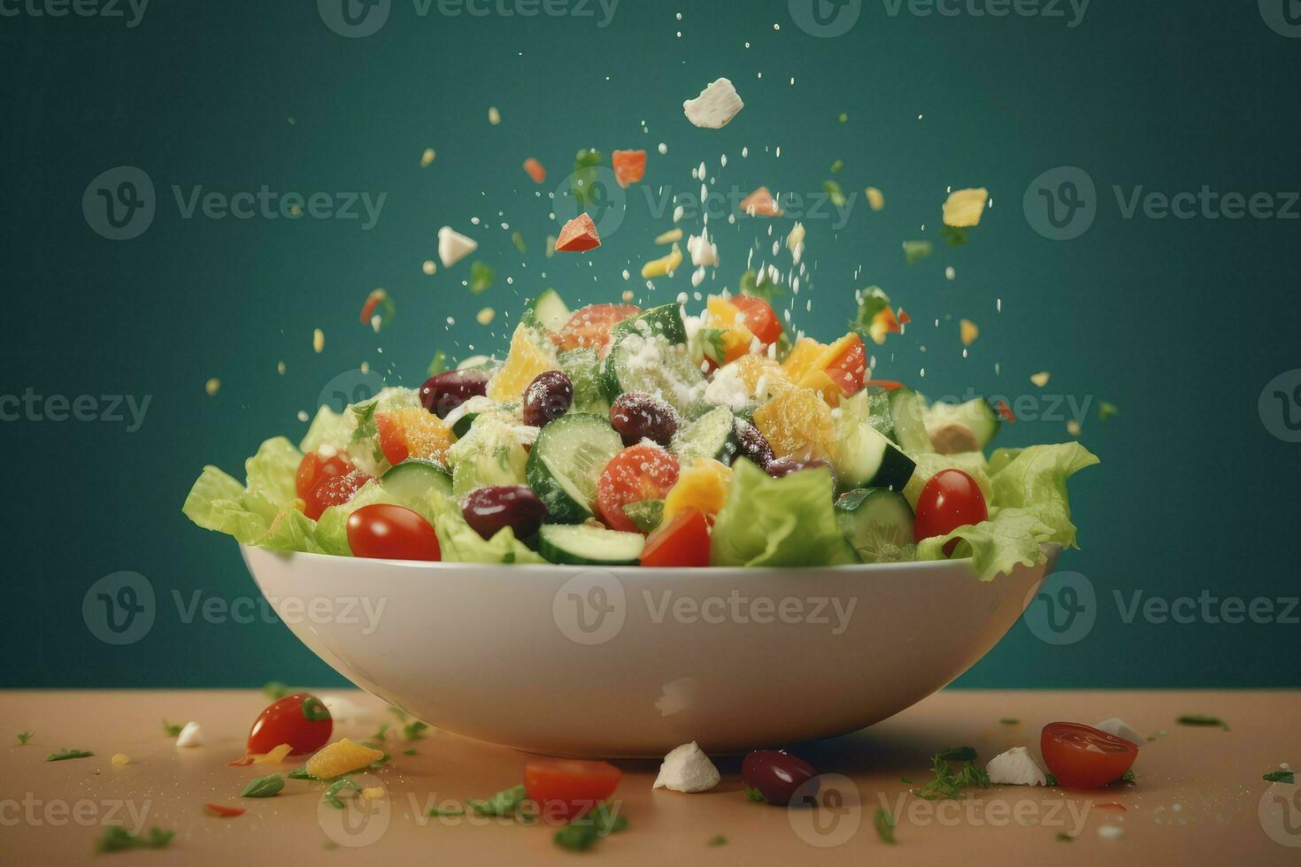 Flying greek salad bowl. Generate Ai photo