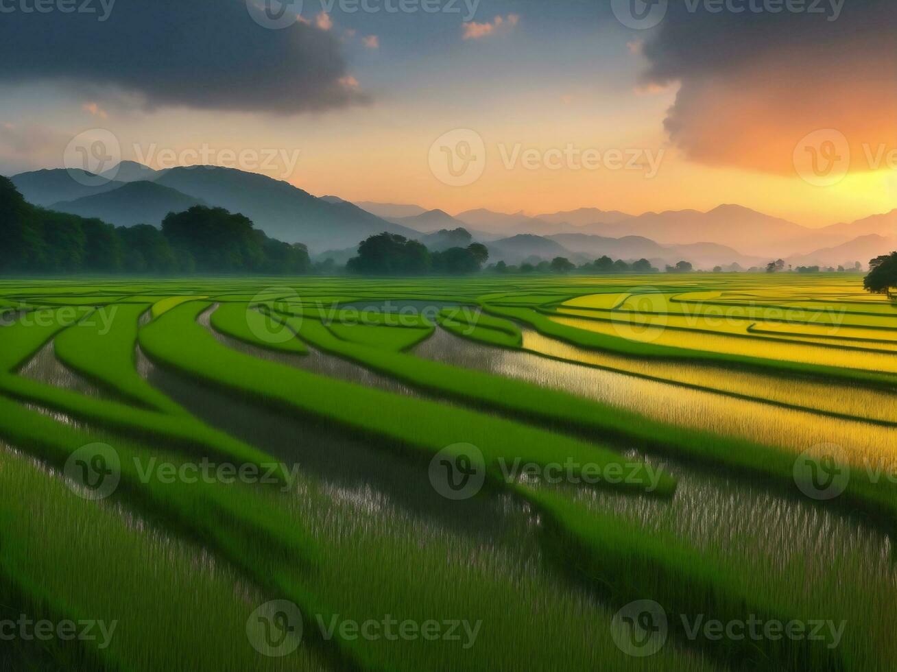 Green ecology rice field, Generative AI Illustration. photo