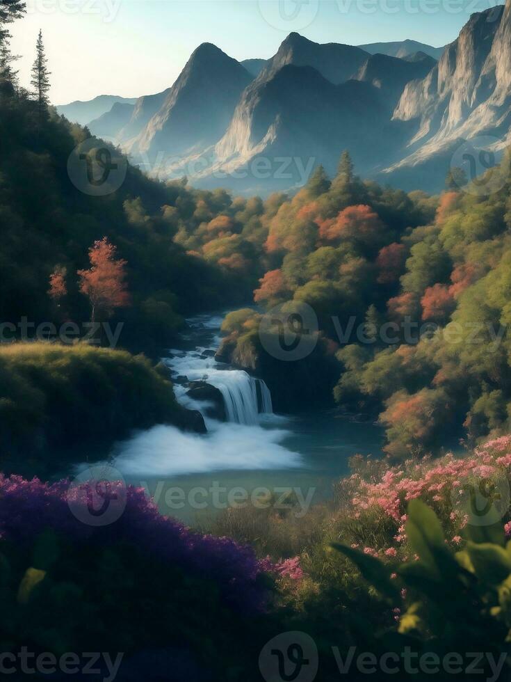 Mountain and river in nature, Generative AI Illustration. photo