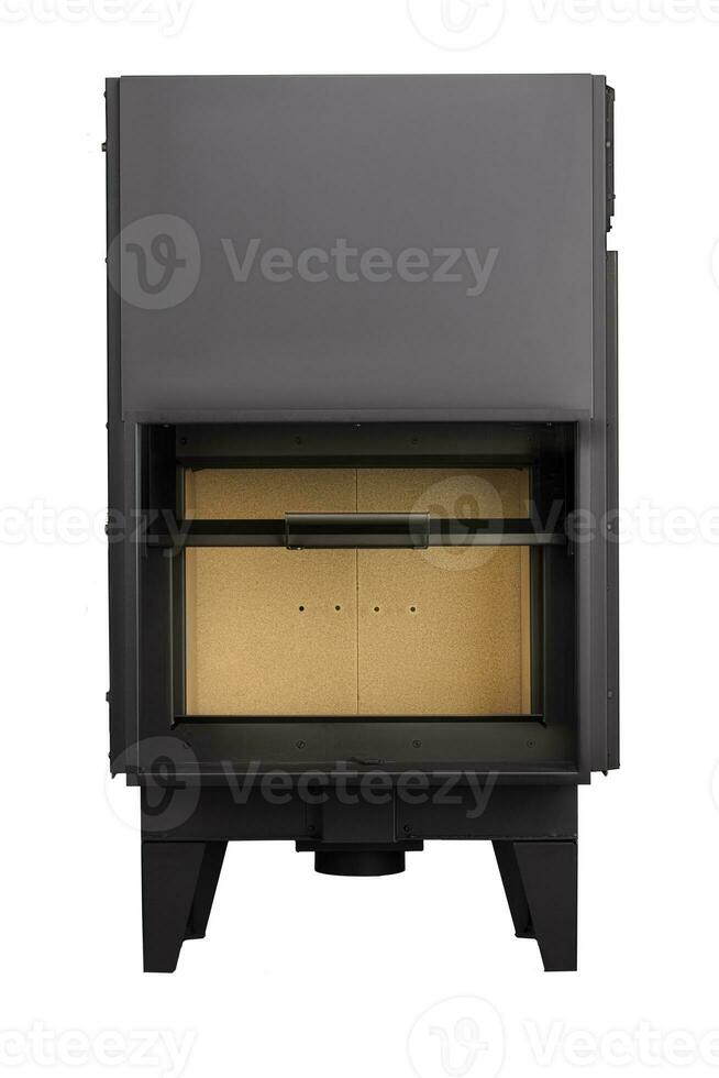 Modern fireplaces for heating from metal and heat-resistant glass. Boiler for solid fuel isolated on white background. photo