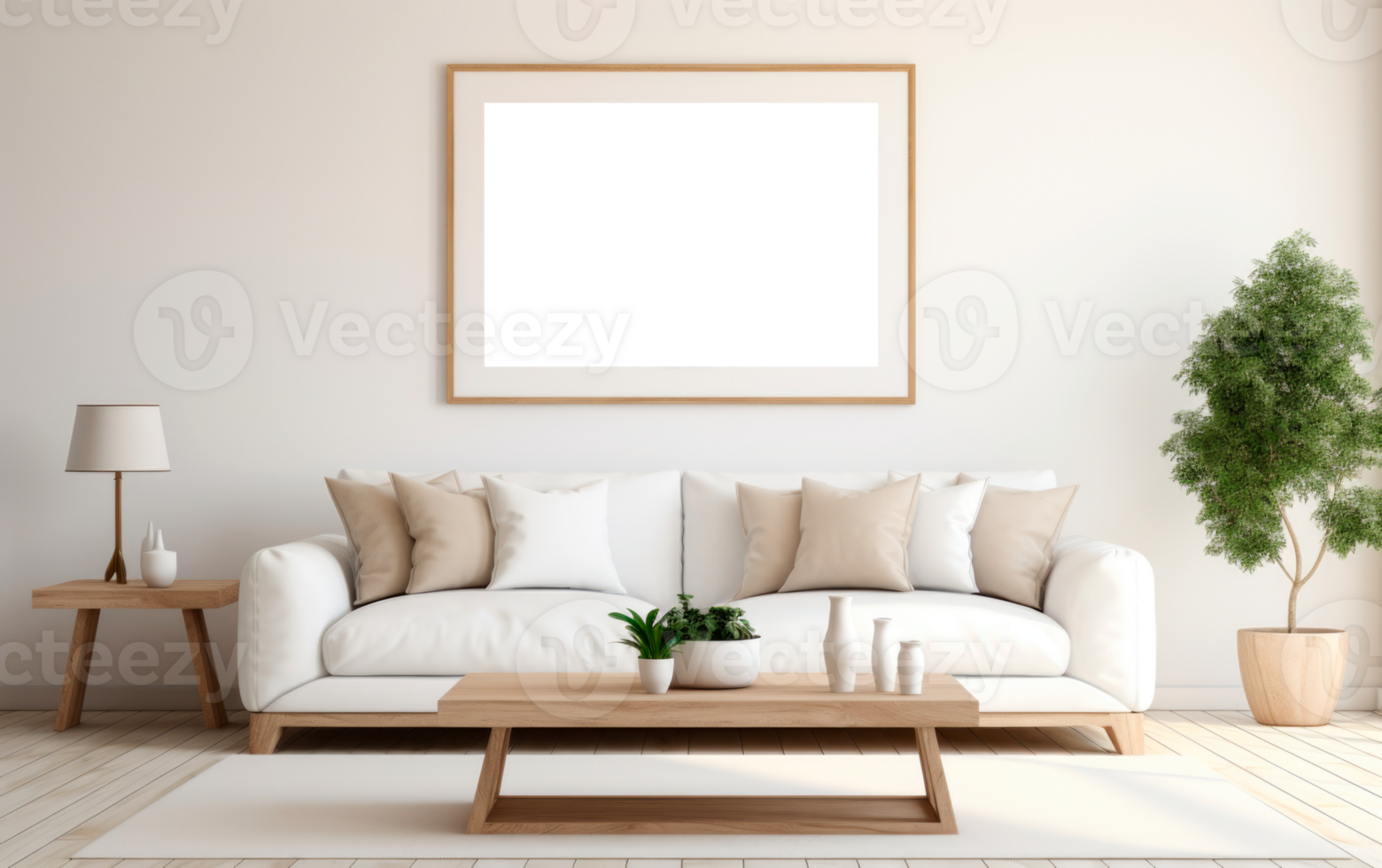 Wall art frame mockup. Interior with blank picture frame on Wall. Living room in natural scandinavian colors. AI generative png