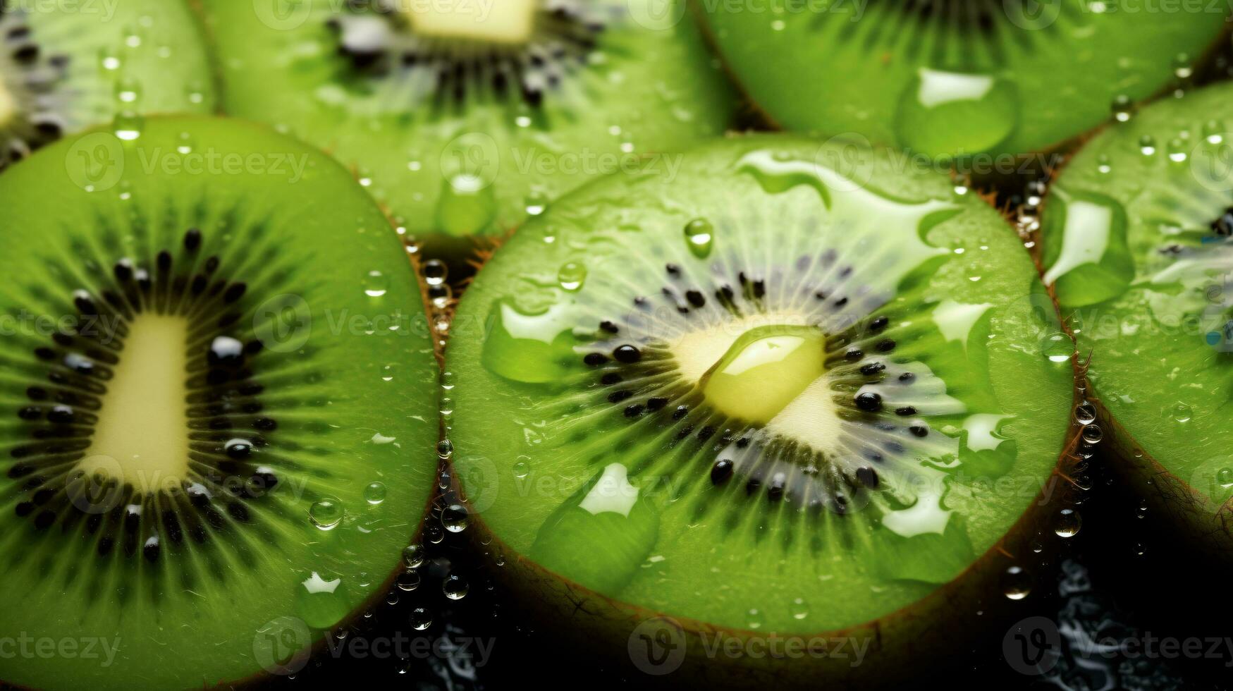 kiwi rebanadas con agua antecedentes. cerca arriba, agua gotas. generativo ai foto