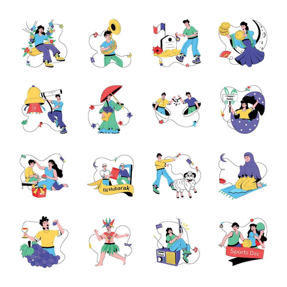 Collection of Events Celebration Flat Illustrations vector