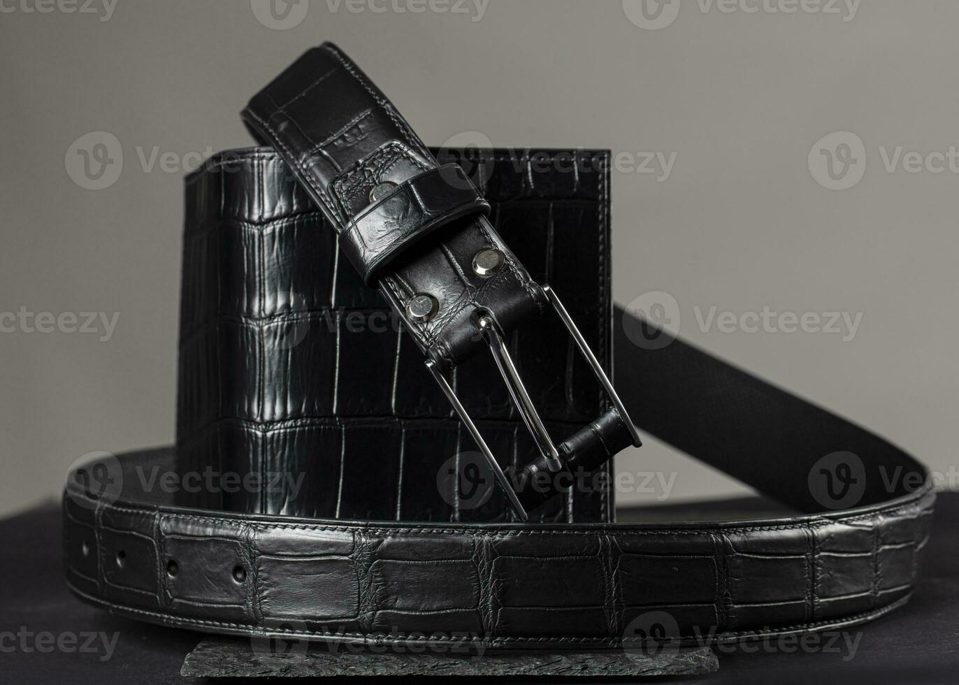 costoso productos cinturón y bolso hecho de cocodrilo piel. élite genuino vestido cuero. foto