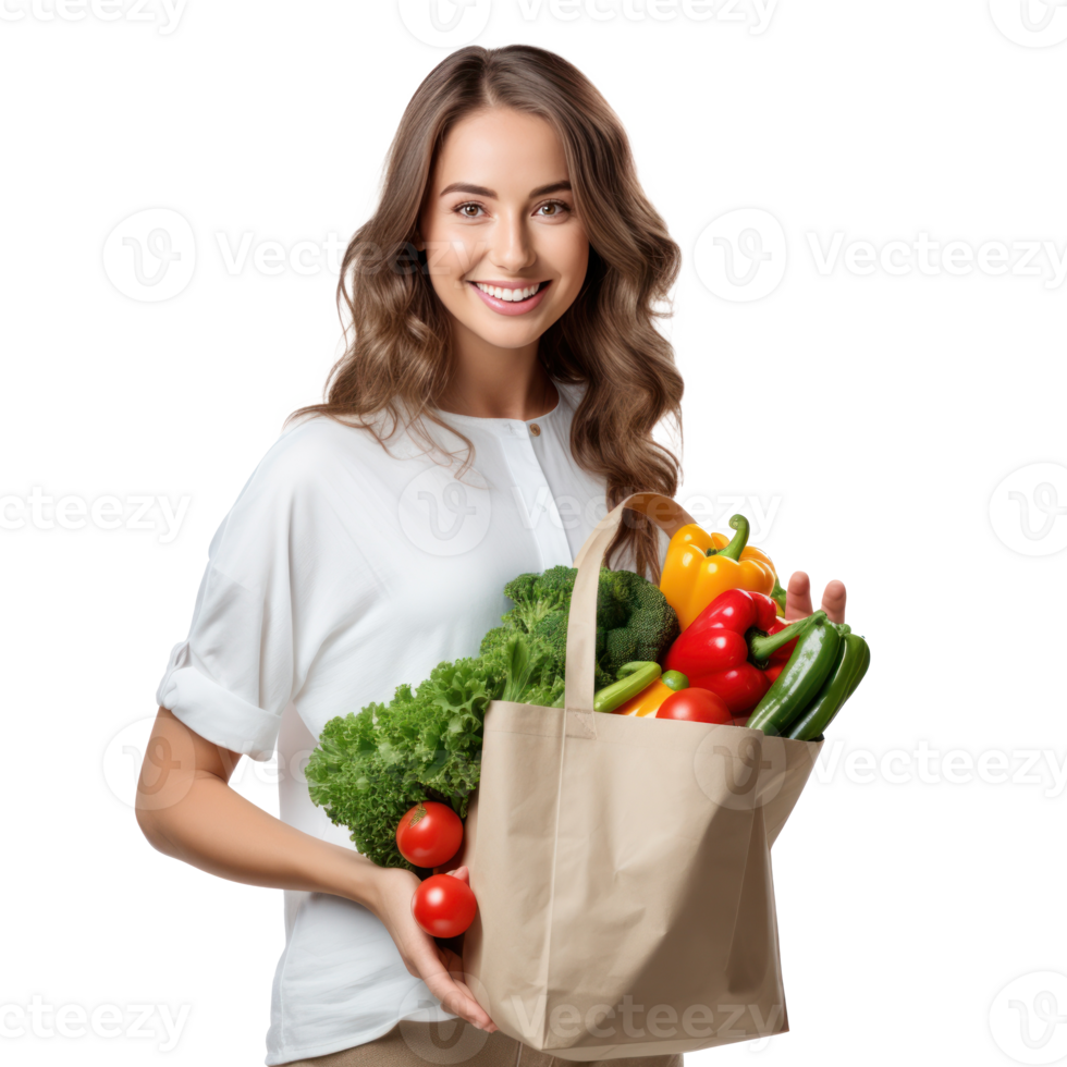 Woman with paper bag with vegetables png